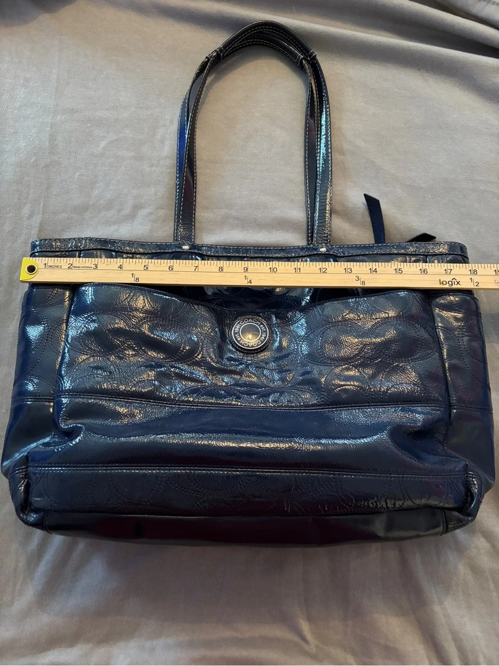 Coach Deep Blue Patent Shiny Leather Satin Lined Large Tote Diaper Bag F19265